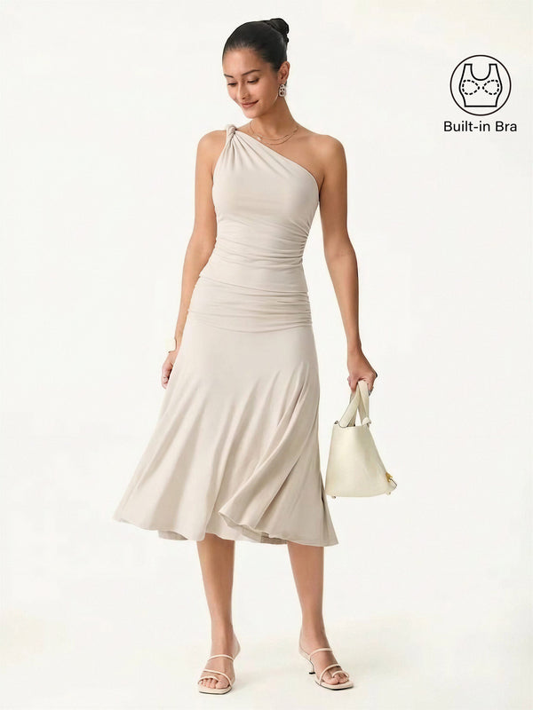 OGLmove 2Pcs Set One Shoulder Twisted Bra Tank & Side Ruched A-line Midi Skirt Fog XS