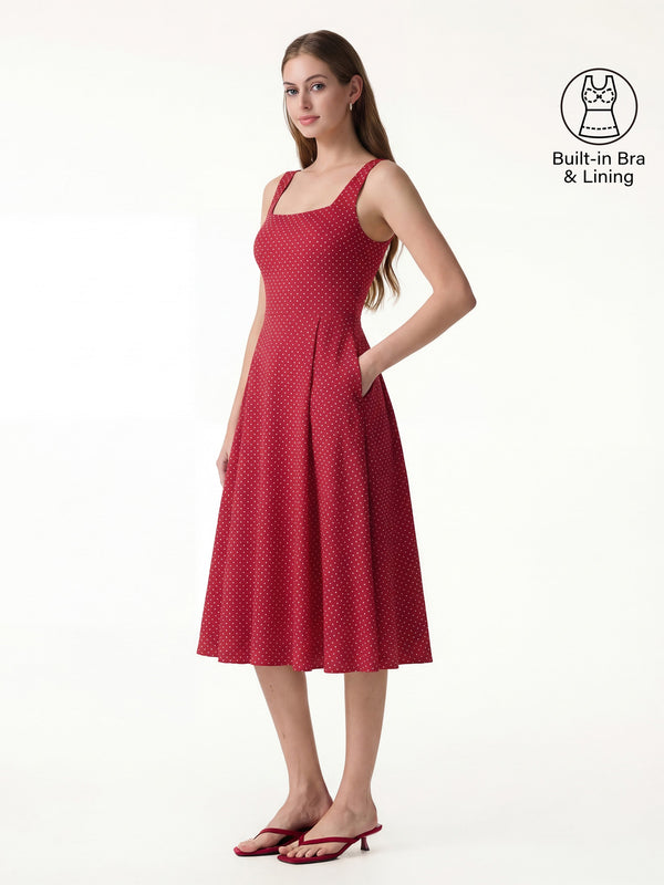 OGLmove Stretch Cotton Polka Dot Square Neck Midi Bra Dress with Pockets Limited Edition Red/White Polka Dot XS