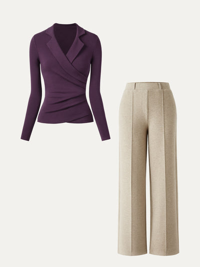 Set da 2 pezzi: Maglia incrociata con collo e Pantaloni a gamba dritta a vita alta con fascia elastica