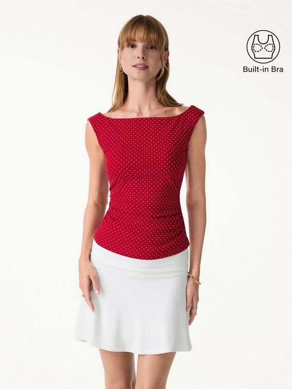 OGLmove Stretch Cotton Polka Dot Boatneck Ruched Bra Top Limited Edition