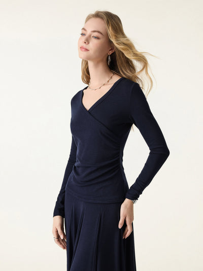 Lyocell Wool Surplice Ruched Long Sleeve Top
