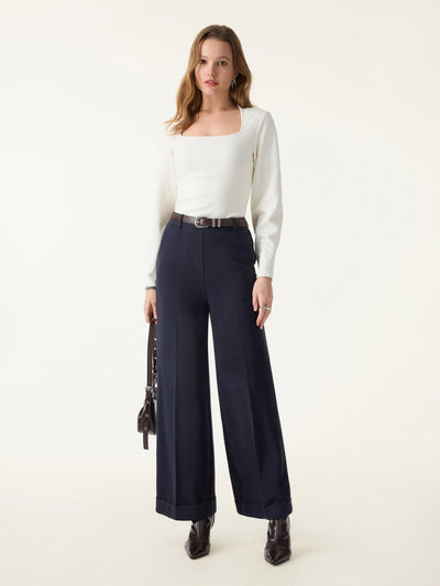 Gezellige warme broek met hoge taille en wijde pijpen met zakken