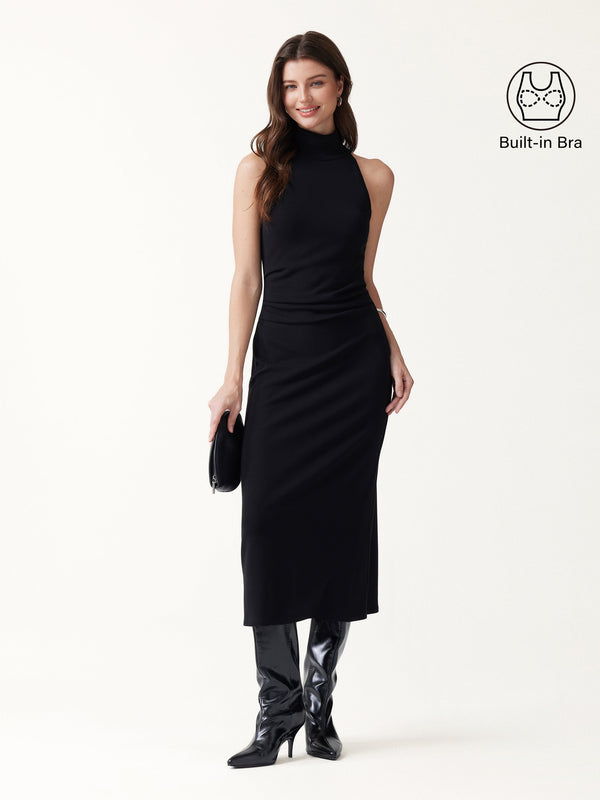 OGLmove ProWarm Turtleneck Sleeveless Side-Tuck Built-In Bra Midi Dress