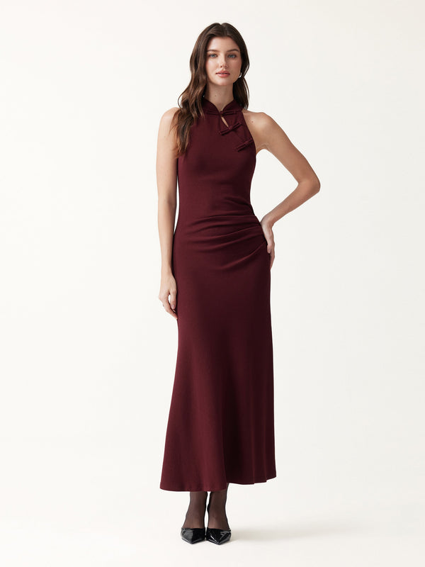 OGLmove LiteWarm Mandarin Collar Frog-Button Tucked Built-In Bra Midi Dress