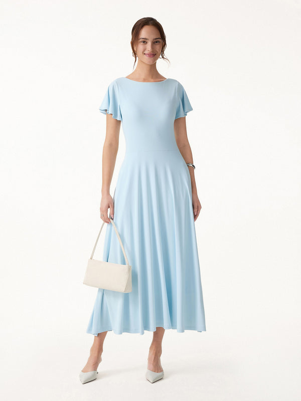 OGLmove SkinKiss Boatneck Fit-and-Flare Maxi Travel Bra Dress with Pockets