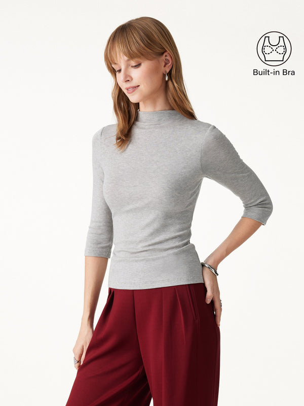 OGLmove Lyocell-Wool Knit Mock Neck 3/4 Sleeve Bra Top Heather Silver Grey XXS