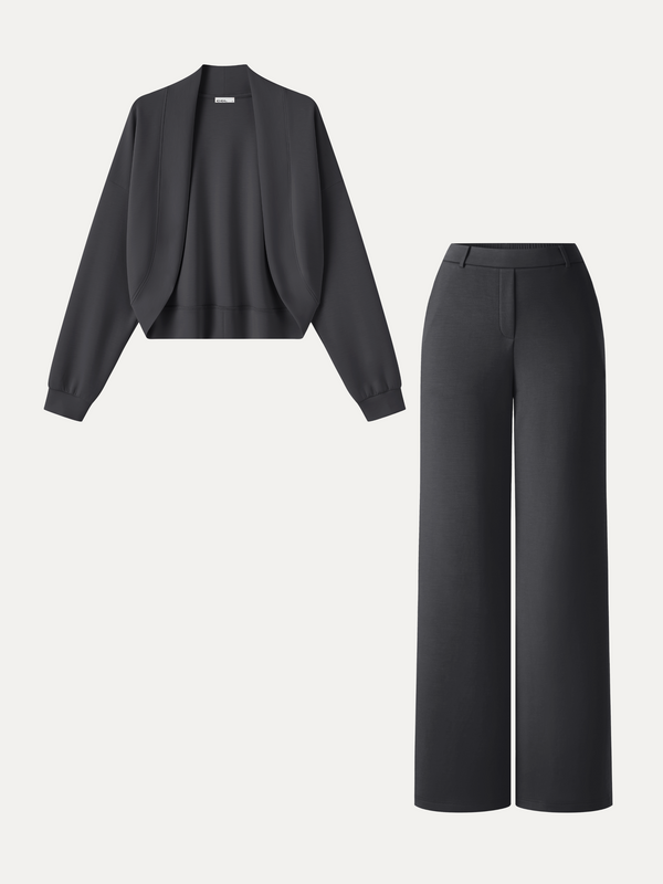 OGLmove 2Pcs Set Long Sleeve Shrug Cardigan & High-Rise Wide Leg Pants with Pockets