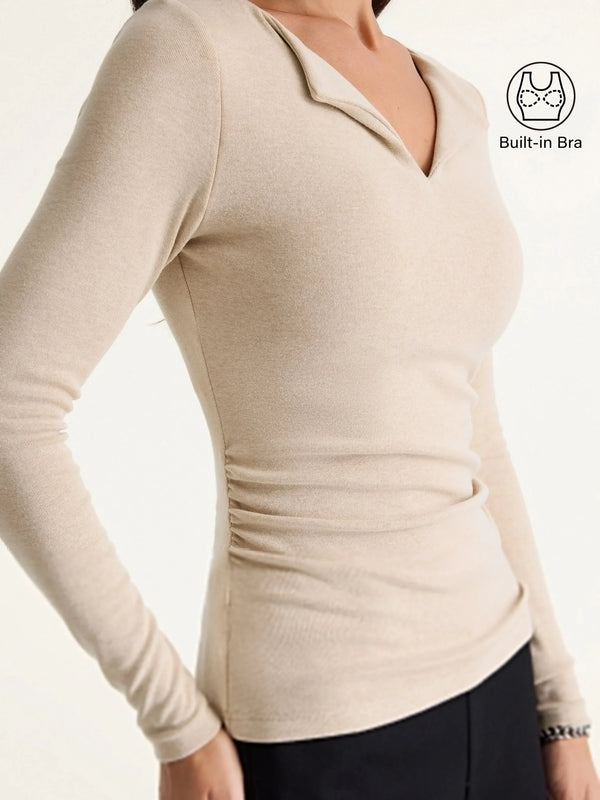 OGLmove LiteWarm Flapped V-Neck Long Sleeve Ruched Built-In Bra Top Natural Calico XXS