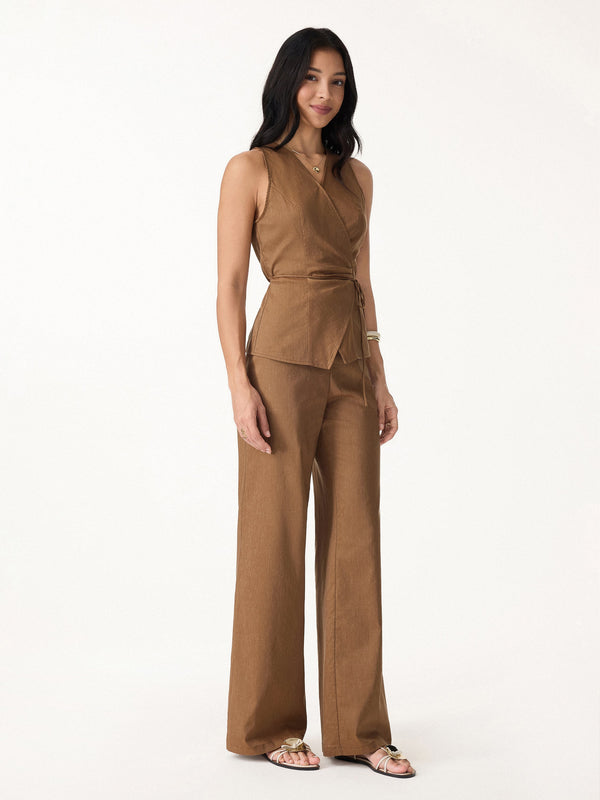 OGLmove 2Pcs Set Wrap Top with Self-Tie & Drawstring Wide Leg Pant with Pockets Tree Brown XS