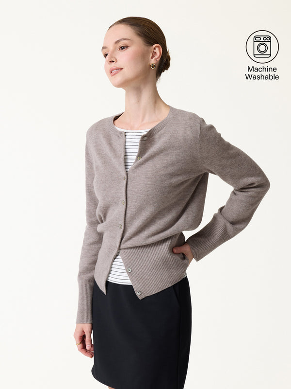 OGLmove 100% Merino Wool Crew Neck Long Sleeve Button-Front Cardigan Heather Rock Brown XS