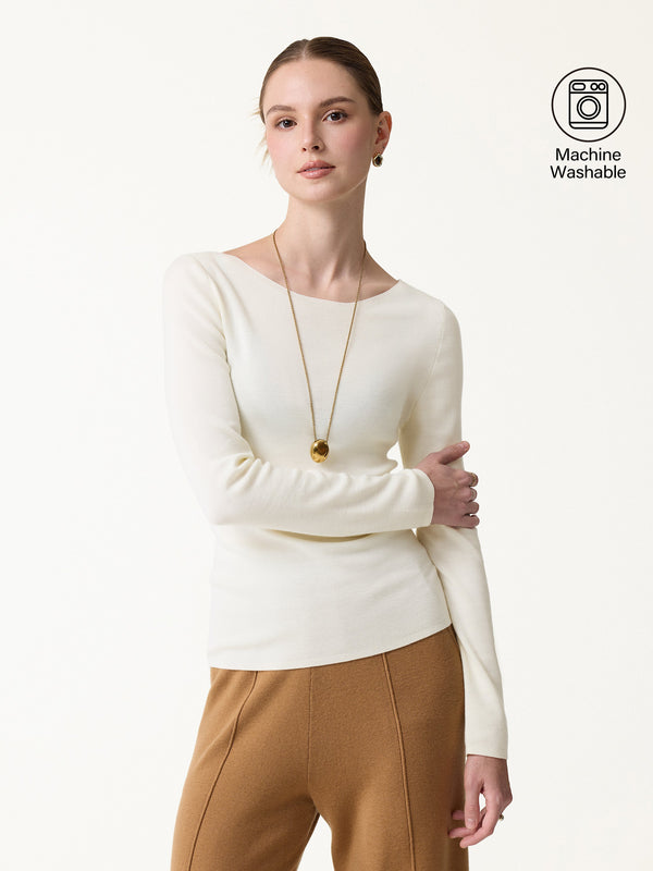 OGLmove 100% Merino Wool Boat Neck Sweater Milk Cream Beige XS