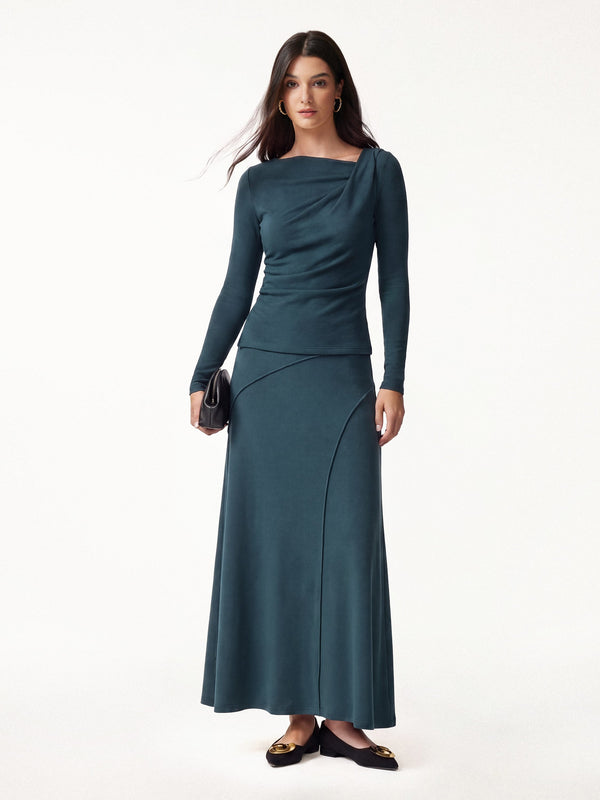 OGLmove 2Pcs Set LiteWarm Asymmetrical Neck Top & Drapey A-Line Midi Skirt Forest Night XXS