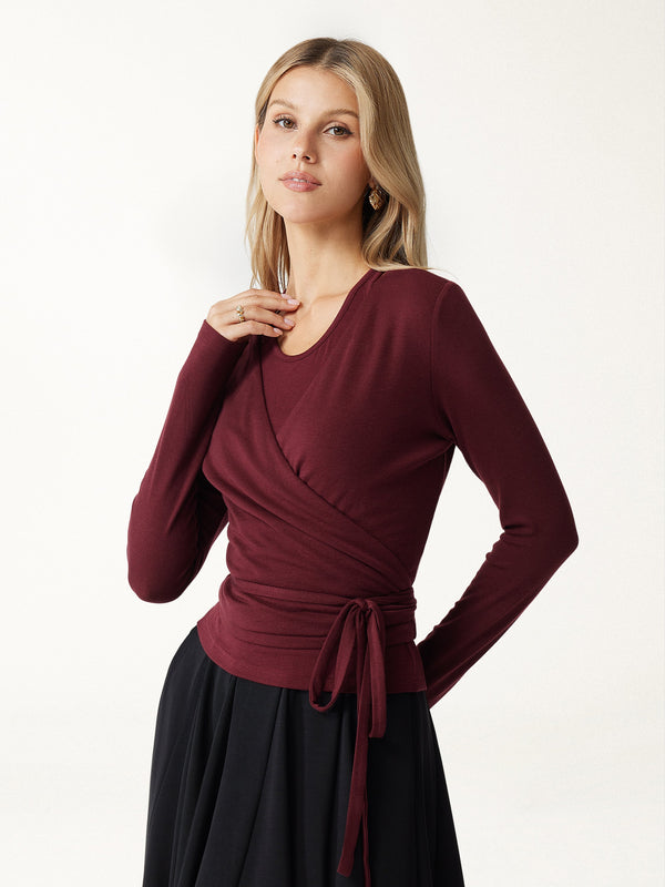 OGLmove LiteWarm Cashmere Blend Reversible Wrap Tie-Waist Cardigan Wine XXS
