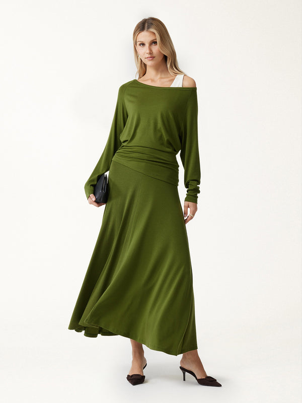 OGLmove 2Pcs Set LiteWarm Boatneck Off-Shoulder Ruched Top & Lyocell-Cashmere Blend Mid-Rise Umbrella Maxi Skirt Kale XXS