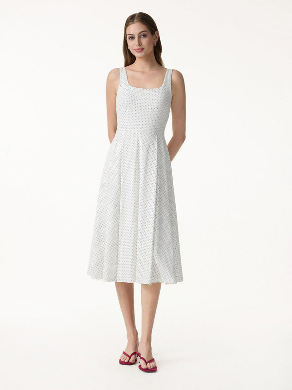 OGLmove Stretch Cotton Polka Dot Square Neck Midi Bra Dress with Pockets Limited Edition