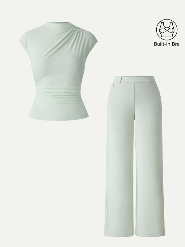 OGLmove 2Pcs Set Mockneck Cropped Bra Top & Slimming High Rise Wide Leg Pant