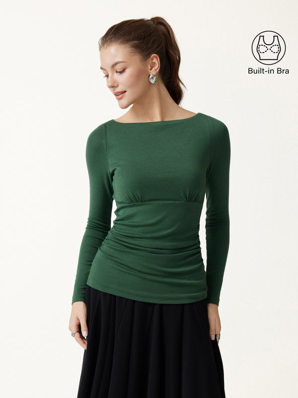 OGLmove LiteWarm Boatneck Long Sleeve Ruched Built-In Bra Top Evergreen XXS