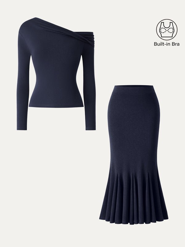 OGLmove 2Pcs Set LiteWarm Convertible Neck Built-In Bra Top & High-Rise Mermaid Midi Skirt