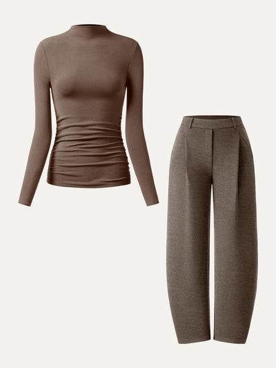 2-teiliges Set: gerafftes Stehkragen-Top & Mid Rise Hose mit weitem Bein zum Hineinschlüpfen