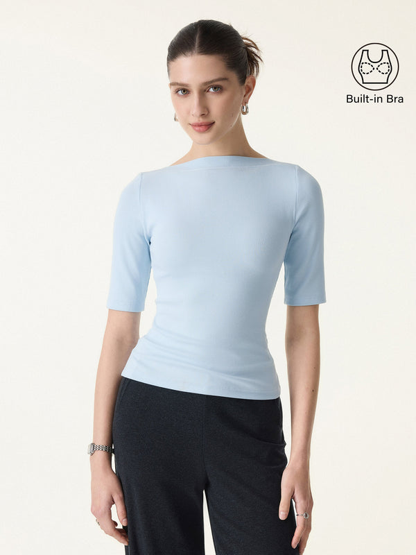 Cotton Viscose Slash Neck 3/4 Sleeves Brami Powder Blue XS