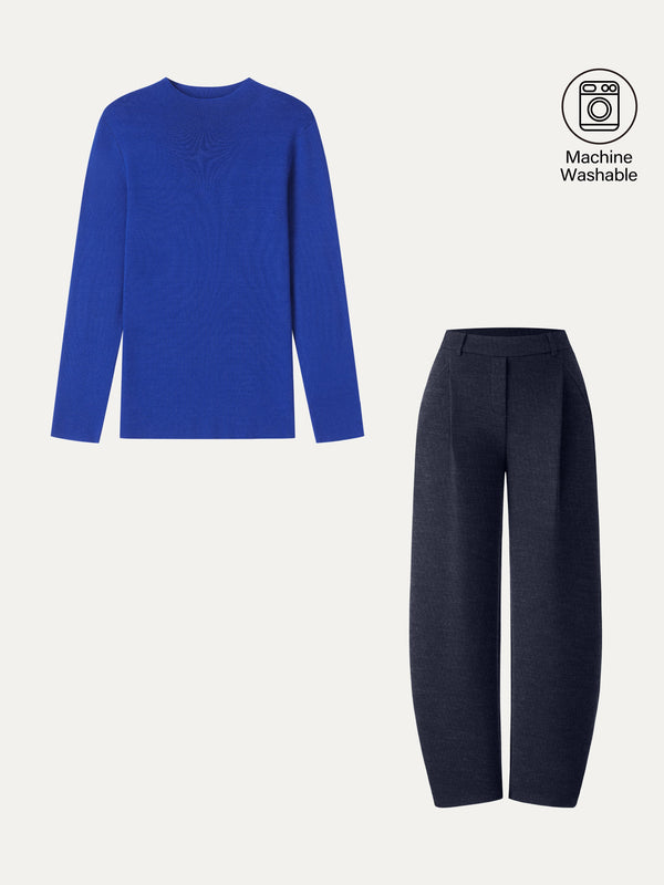 OGLmove 2Pcs Set 100% Merino Wool Sweater & Barrel Leg Pull-on Pants