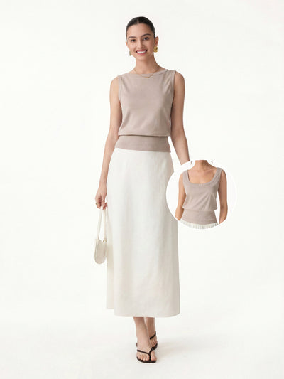 OGLmove 2Pcs Set Reversible Boatneck Top & Maxi Flared Pull-On Skirt Desert Sand Beige/Eggnog XS
