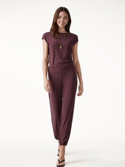 OGLmove 2Pcs Set Wrinkle-Free Cap Sleeve Top & Mid-Rise Cropped Pants Ruby Berry XS