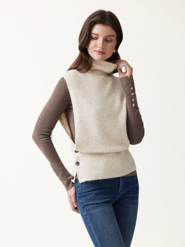 OGLmove Luxe Halo Wool Blend Slouchy Turtleneck Sleeveless Side-Button Sweater Vest