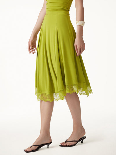 OGLmove Lace Trim Midi Circle Flare Skirt Sprout Green XS