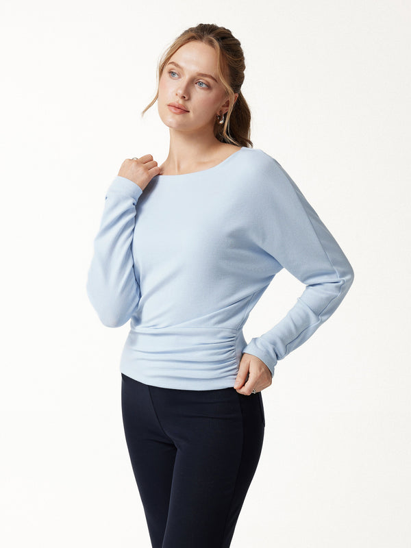 OGLmove LiteWarm Slash Neck Batwing Sleeve Ruched Banded Hem Top Blue Air XXS