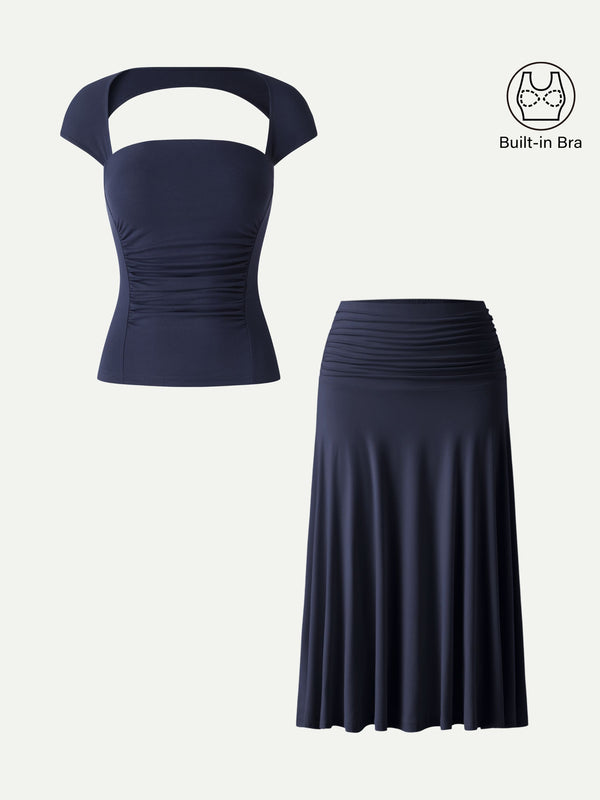 OGLmove 2Pcs Set Square Neck Cutout Back Bra Top & A-line Midi Skirt