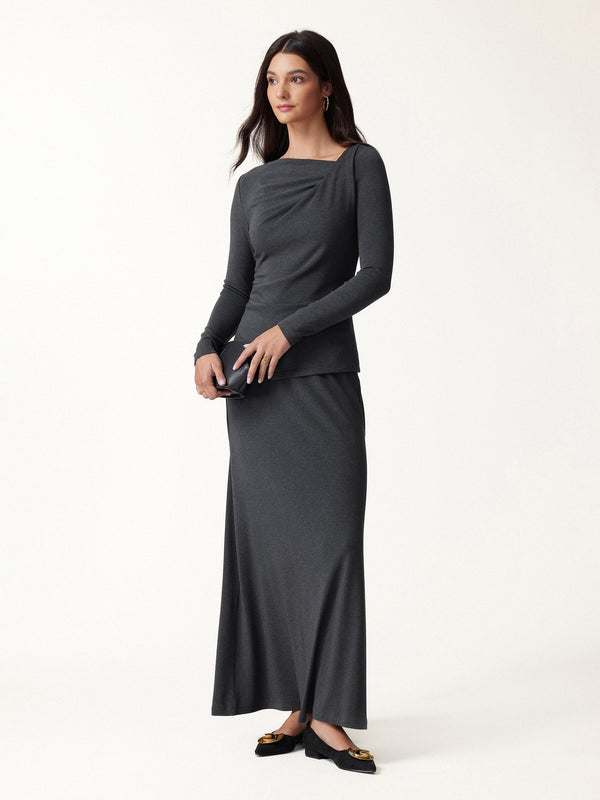 OGLmove 2Pcs Set Asymmetrical Neck Long Sleeve Top & High-Rise A-Line Maxi Skirt Heather Night Charcoal XXS