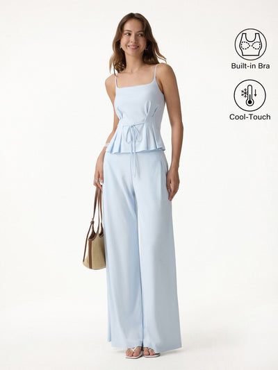 OGLmove 2Pcs Set Spaghetti Bra Top & Wide Leg Pants with Pockets Blue Air XS