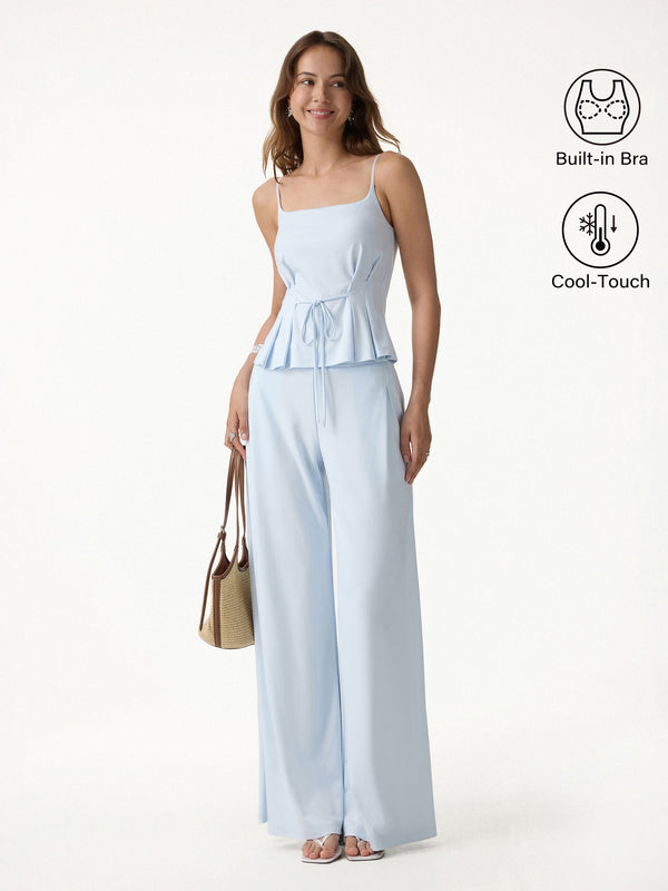 OGLmove 2Pcs Set Spaghetti Bra Top & Wide Leg Pants with Pockets Blue Air XS