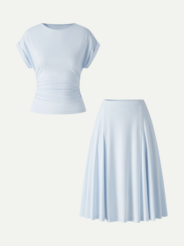 OGLmove 2Pcs Set Round Neck Tee & Midi Skirt with Pockets