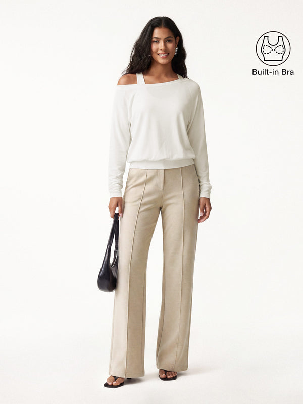 OGLmove 2Pcs Set Multi-Wear Layering Bra Top & High Waisted Straight Leg Pull On Pant Off White/Heather Morganite XXS