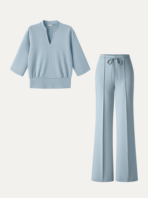 OGLmove 2Pcs Set V-Neck Elbow Sleeve Bam Top & High-Rise Flare Pants with Pockets