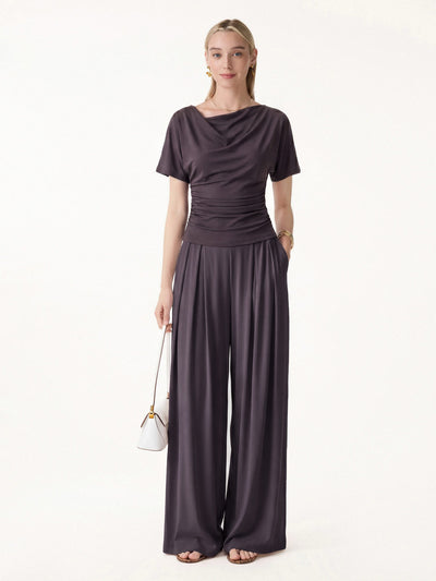 OGLmove 2Pcs Set Cowl Neck Ruched Top & Wide Leg Palazzo Pant with Pockets Purple/Purple Gloam XS