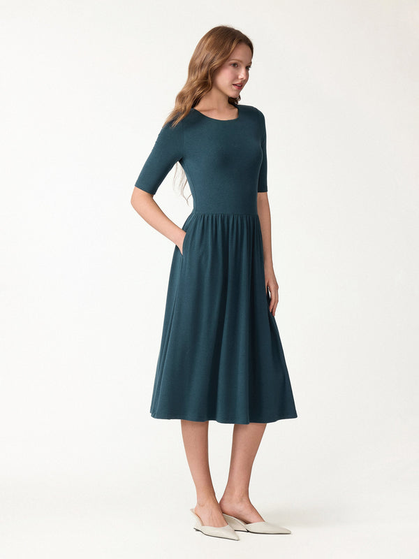 OGLmove Eco-Mousse® Round Neck Elbow Sleeve Fit-and-Flare Midi Bra Dress with Pockets