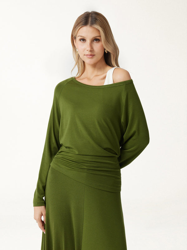 OGLmove LiteWarm Cashmere Blend Boatneck Convertible Off-Shoulder Ruched Top