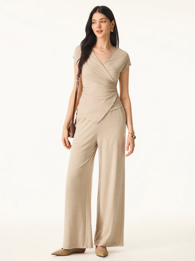 Conjunto de 2 piezas: blusa cruzada de manga corta de lana lyocell y pantalones de pierna ancha de talle medio con bolsillos