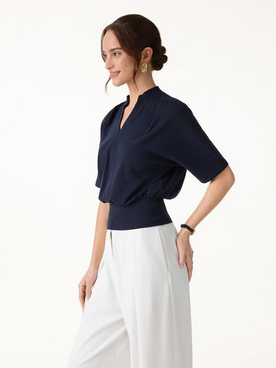 OGLmove Stand Collar V-Neck Short Sleeve Top Navy XS
