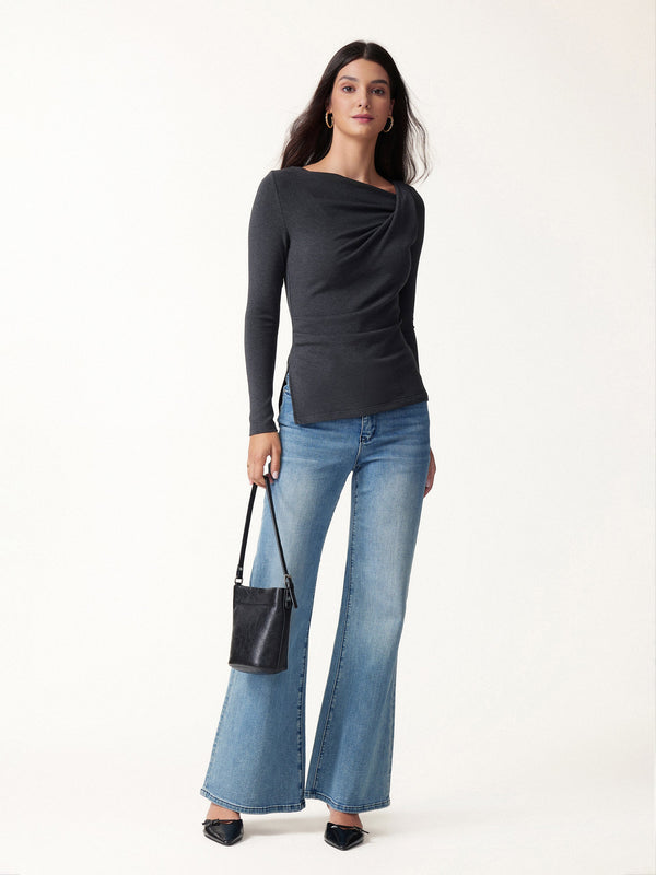 OGLmove Eco-Mousse® Asymmetrical Neck Long Sleeve Tucked-Waist Top