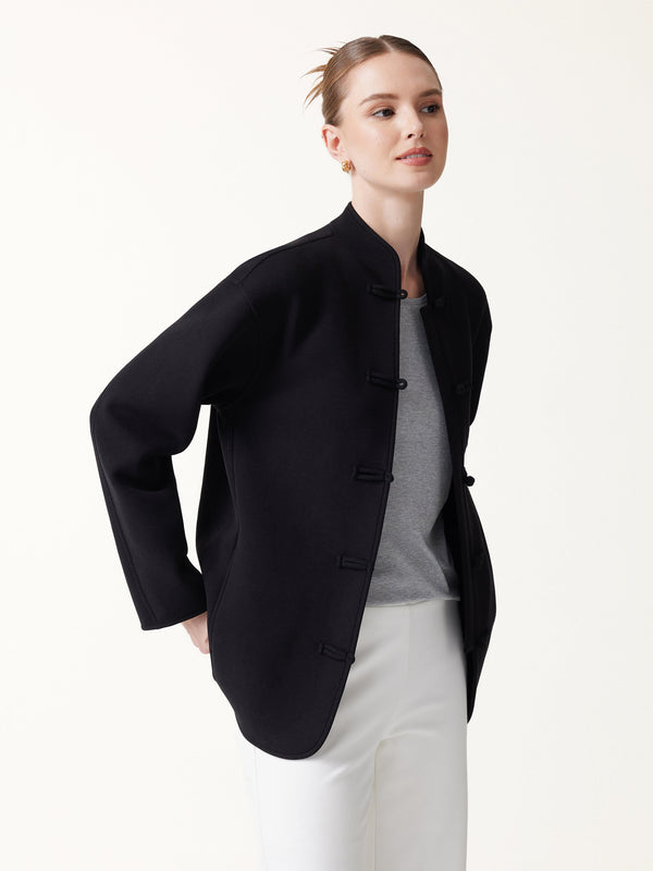 OGLmove FuzzLuxe Mandarin Collar Frog-Button Jacket with Pockets Black XXS