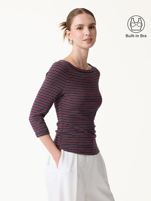 OGLmove LiteWarm Striped Parisian Boatneck 3/4 Sleeve Built-In Bra Top Navy/Red/White Stripe XXS