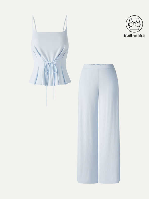 OGLmove 2Pcs Set Spaghetti Bra Top & Wide Leg Pants with Pockets