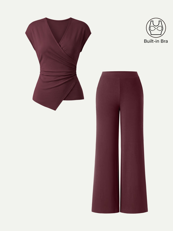 OGLmove 2Pcs Set Lyocell Wool Surplice Cap Sleeve Top & Mid Rise Wide Leg Pants with Pockets