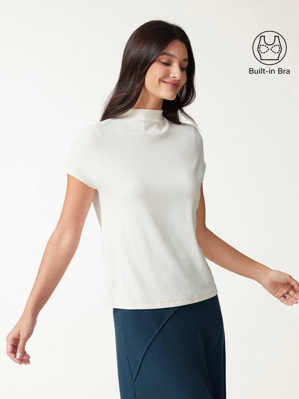 OGLmove Mock Neck Short Sleeve Bra Top Off White XXS