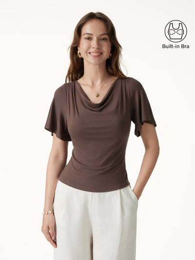 OGLmove Cowl Neck Flutter Sleeve Bra Top Chocolate Brown XS