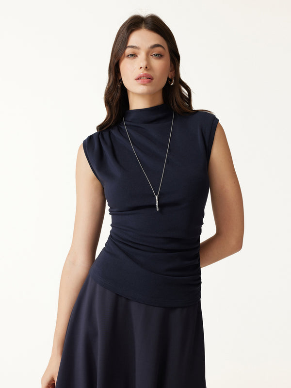 OGLmove Eco-Mousse® Mock Neck Sleeveless Ruched Top Smoky Navy XXS